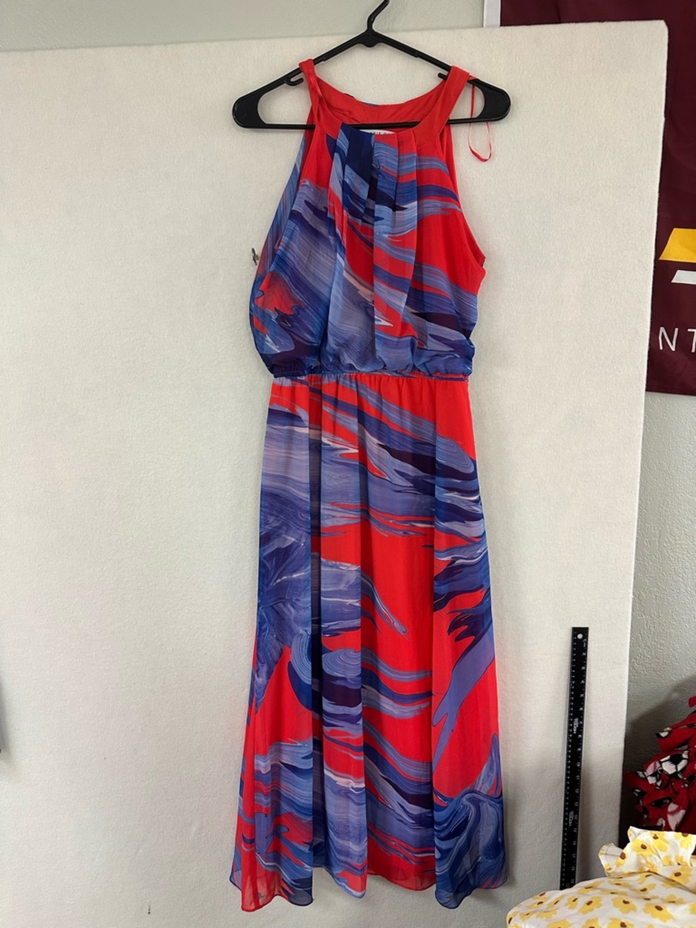 ROBBIE BEE BOLD RED BLUE OCEAN PRINT SLEEVELESS MAXI DRESS Women’s Size 6